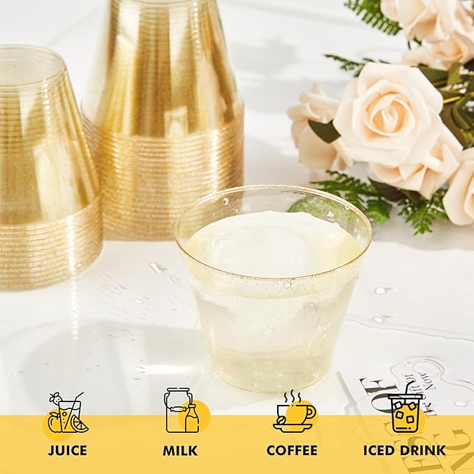RACETOP 200 Pack 9 oz Gold Plastic Cups Tumbler, Disposable Cups with Gold Glitter for Party, Heavy-duty Clear Plastic Wine Glasses, Disposable Wedding Cups
