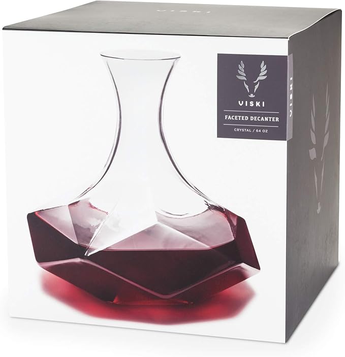 Viski Faceted Wine Decanter, Lead-Free Crystal Carafe for Red and White Wine with Broad Base for Aeration, Elegant Large Pitcher for Wedding Gifts, Housewarming Essentials, 64 oz (1.9 L), Set of 1