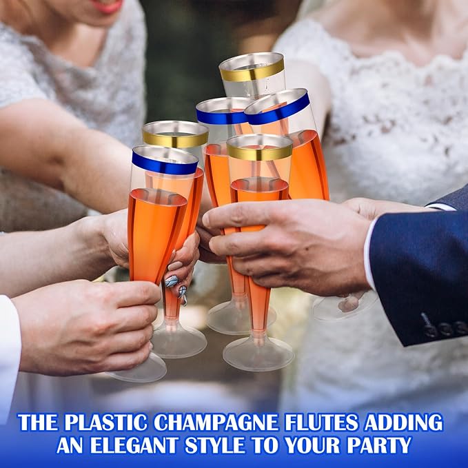 Jingmore 60 Pcs Plastic Champagne Flutes 4.5 oz Clear Disposable Wine Glasses Cocktail Cup Champagne Glass for Wedding Graduation Summer Party Favor Mimosa Bar Supplies (Blue,Gold)