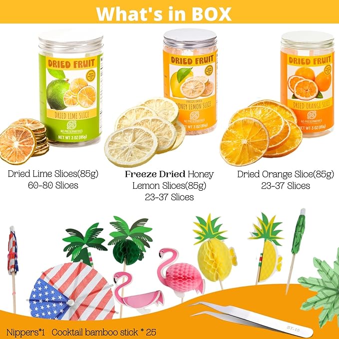 125+ Slices 9oz Dehydrated Fruit Cocktail Garnish Set, Dreid Orange & Lime, Freeze Dried Honey Lemon, 25 Pcs Drink Umbrellas Picks. Decor For Christmas Baking Party Diy