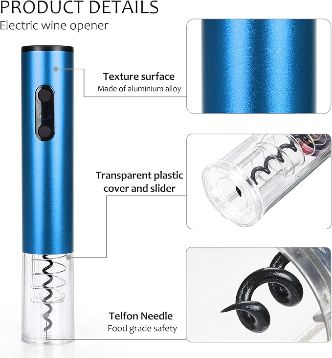 Tirrinia Electric Wine Opener Set, Wine Bottle Cork Remover Accessory Tool Kit with Wine Aerator Pourer,Foil Cutter, Drip Ring and Vacuum Stopper, Perfect Wine Gift, Blue