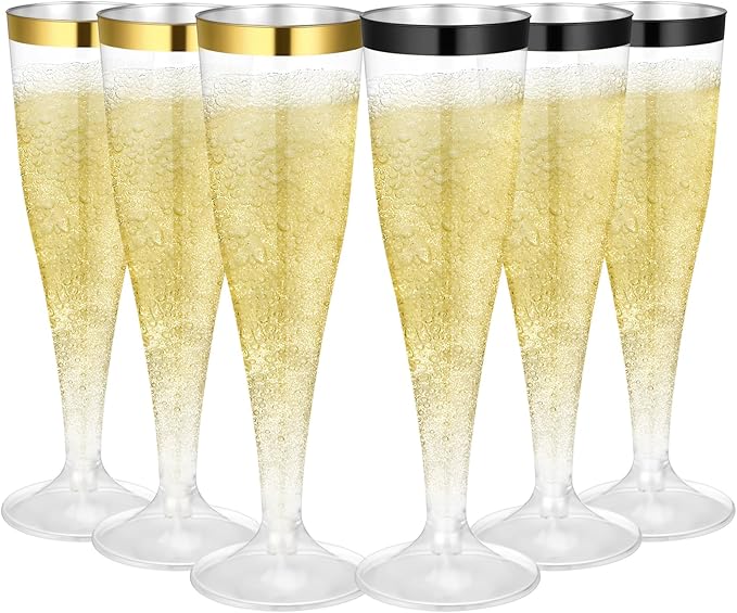 Jingmore 12 Pcs Plastic Champagne Flutes 4.5 oz Clear Disposable Wine Glasses Cocktail Cup Champagne Glass for Wedding Graduation Summer Party Favor Mimosa Bar Supplies (Black,Gold)