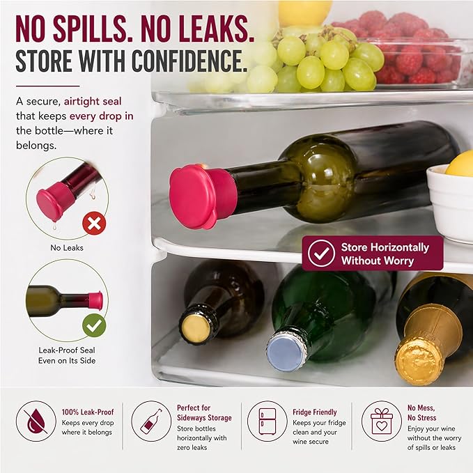Wine Bottle Caps - Silicone Bottle Covers - Air-Tight Vacuum Seal - Wine Gifts for Women - Set of 4