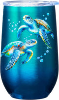 Spoontiques Sea Turtle Stainless Steel Tumbler - Insulated Wine Tumbler with Lid – Double Wall Stainless Steel Stemless Wine Glass – 16oz - 5 5/8" Tall