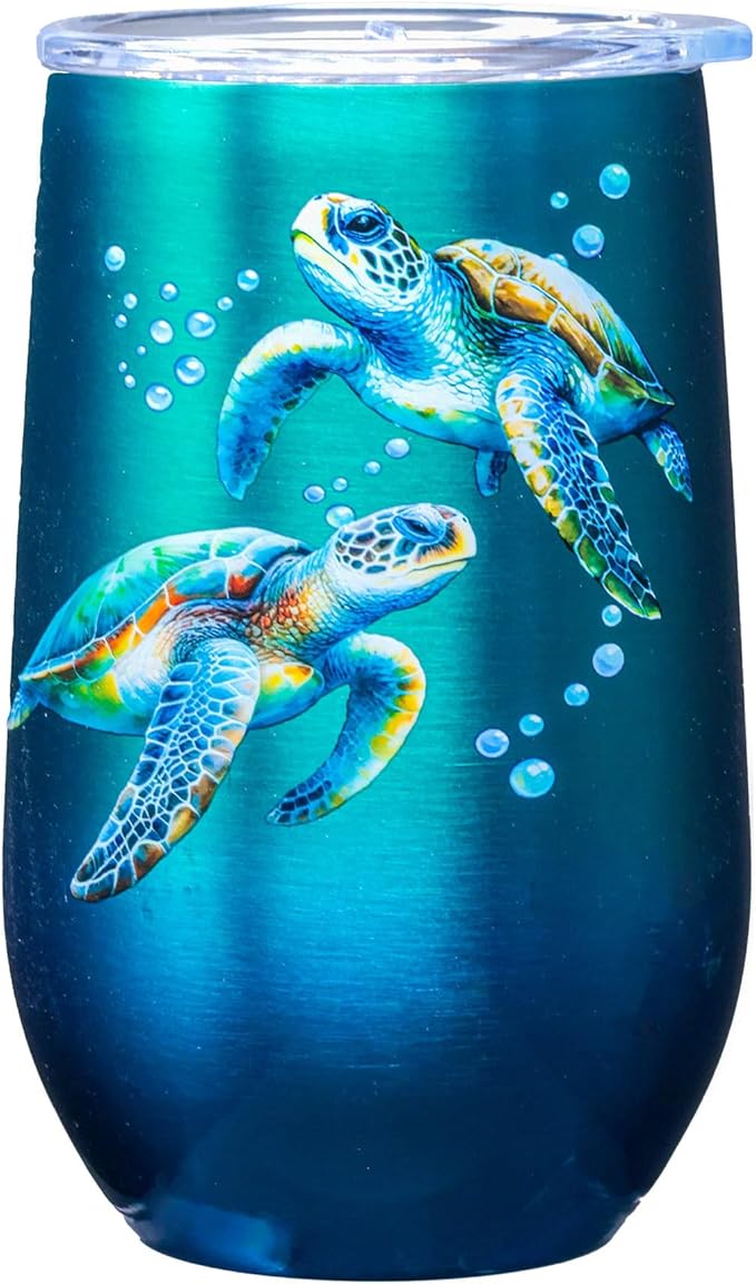 Spoontiques Sea Turtle Stainless Steel Tumbler - Insulated Wine Tumbler with Lid – Double Wall Stainless Steel Stemless Wine Glass – 16oz - 5 5/8" Tall