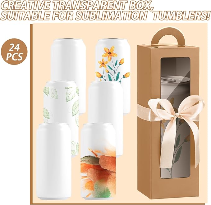 Ctosree 24 Pcs Tumbler Gift Box with Handle for 12oz 16oz 20oz 30oz Clear Wine Glass Gift Box Sublimation Tumblers Heat Press Blanks Bottle for Christmas Wrapping Packaging(Kraft Paper Color)