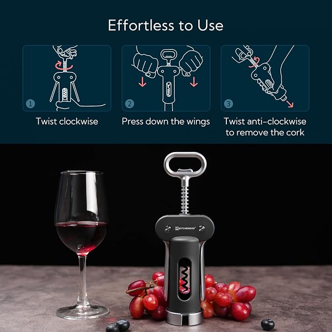KITCHENDAO Luxury 3 in 1 Wine Opener with Foil Cutter, Beer Bottle Opener, Sturdy Zinc Alloy Wing Corkscrew with Self-centering Non-stick Sharp Screw, Easy to Remove Cork, Manual Corkscrew (Black)