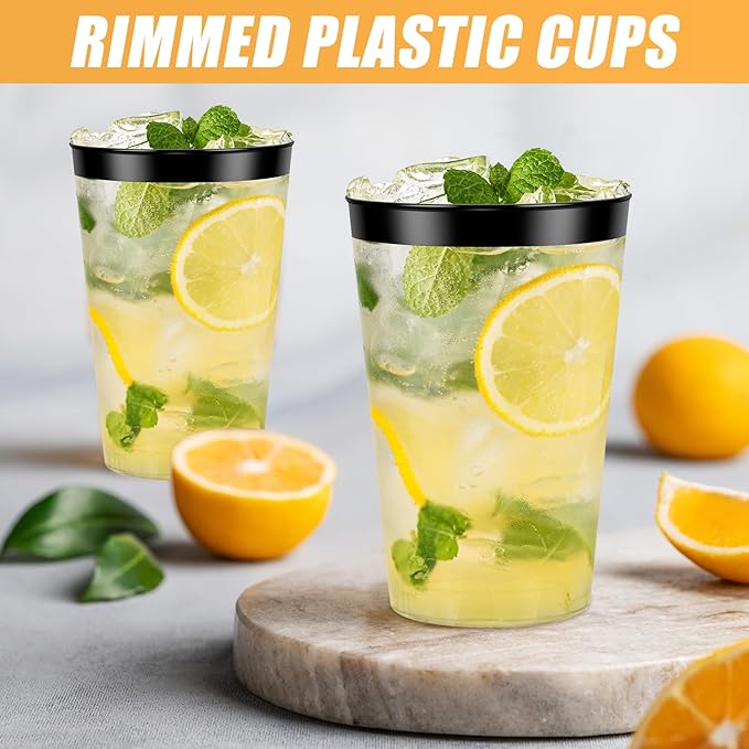 100 Pcs Black Plastic Cups,12 oz Black Rimmed Plastic Cup,Disposable Wine Glasses,Elegant Cocktail Drinking Cup, Clear Party Cups for Wedding Birthday Family Gatherings Holiday (Black)