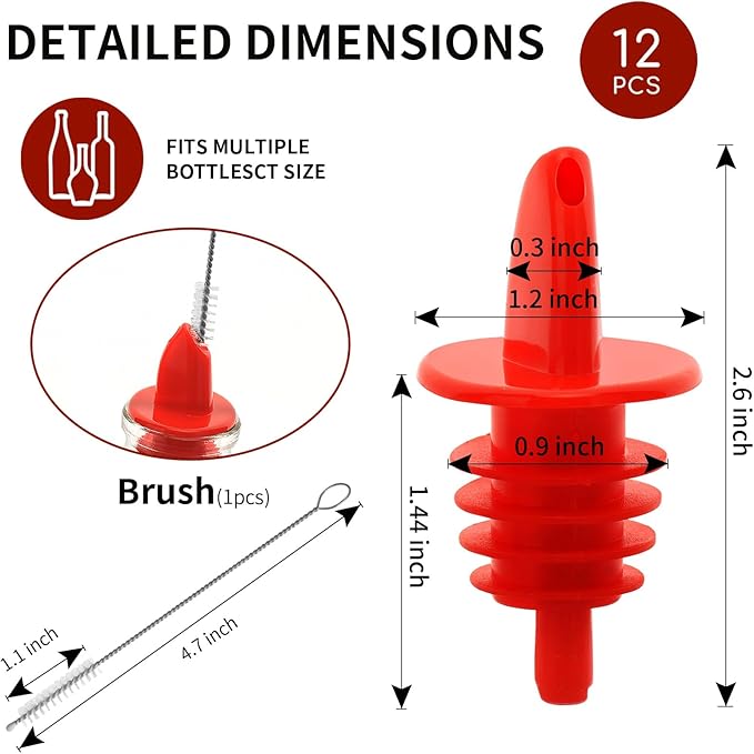 Plastic Liquor Bottle Pourers red- 12 Pack Classic Bottle Pourers for Alcohol, Leak-Proof, Dishwasher-Safe Pour Spouts for Liquor Bottles (red)