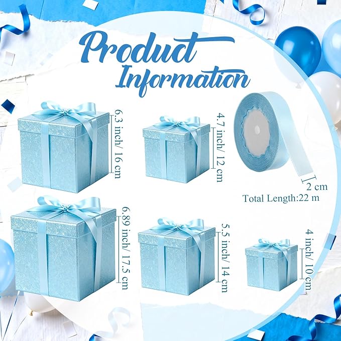Cholemy 5 Pcs Square Nesting Boxes Decorative Gift Boxes with Lid and Ribbon Assorted Sizes Wrap for Wedding, Carnival, Anniversary, Birthday, Bridal Shower Party Gifts(Light Blue)