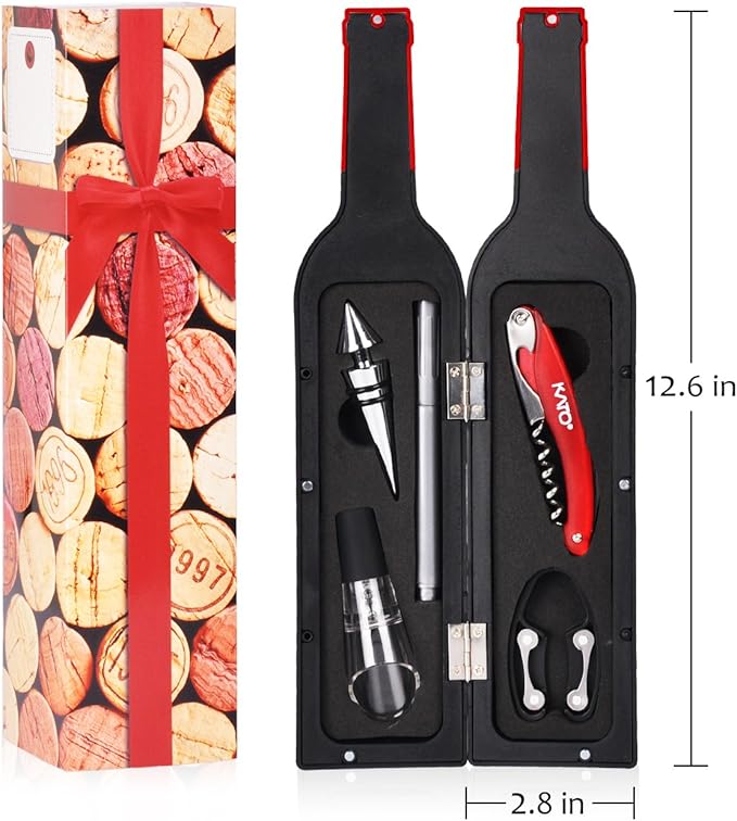 Wine Opener Accessories Gift Set - 5 Pcs Wine Bottle Corkscrew Screw pull Kit by Kato, Great Valentine's Gifts, Red