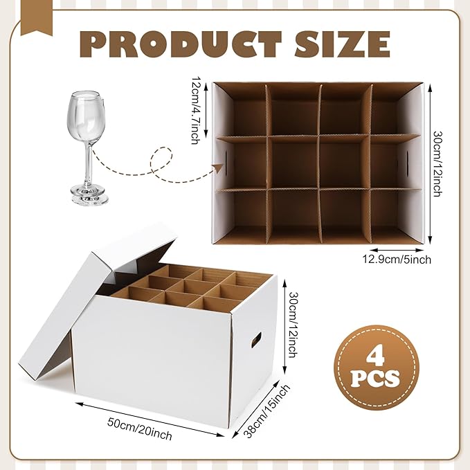Feifeiya 4 Pack Wine Glass Moving Boxes Kitchen Moving Boxes with Handle Kitchen Kit with Lid for Dish Glassware(White,20 x 15 x 12 Inches)