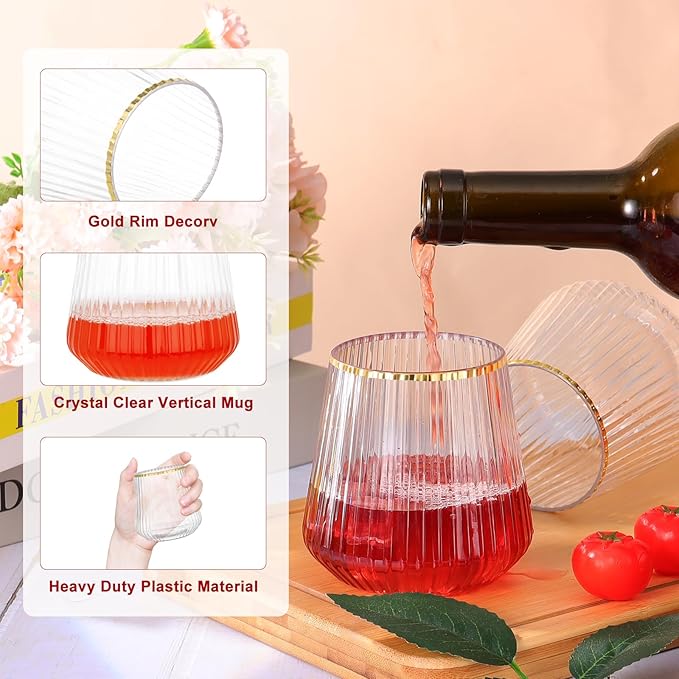 24 Pack Plastic Ribbed Wine Glasses with Gold Rim, 14oz Stemless Disposable Wine Cups, Clear Unbreakable Outdoor Cocktail Glasses, Heavy Duty Reusable Plastic Drinking Cup for Party Wedding Mimosa Bar