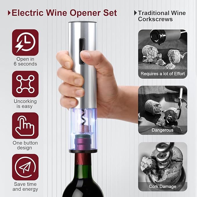 Electric Wine Opener Set, Rechargeable Cordless Automatic Wine Bottle Corkscrew Opener with Aerator, Pourer, Vacuum Sealer and Storage Base, Battery Operated Wine Stopper Remover
