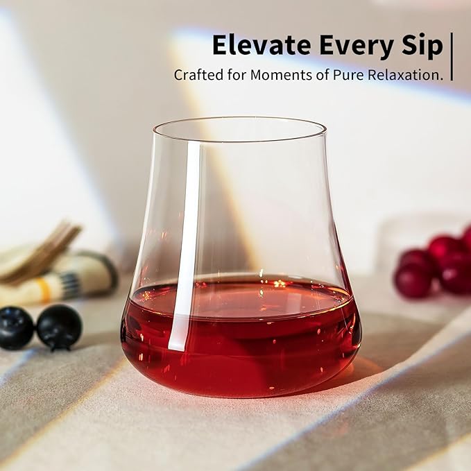 Stemless Wine Glasses Set of 4: 15oz Clear Hand Blown Crystal No Stem Red Wine Glass Cups for Birthday Wedding Party - Unique Gifts for Women