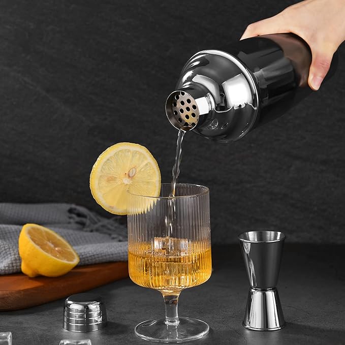 LUCKYGOOBO Cocktail Shaker with Double Measuring Jigger,18/8 Stainless Steel 24oz Martini Shaker Set,Drink Shaker Built-in Strainer,Bartender Kit. (Black)