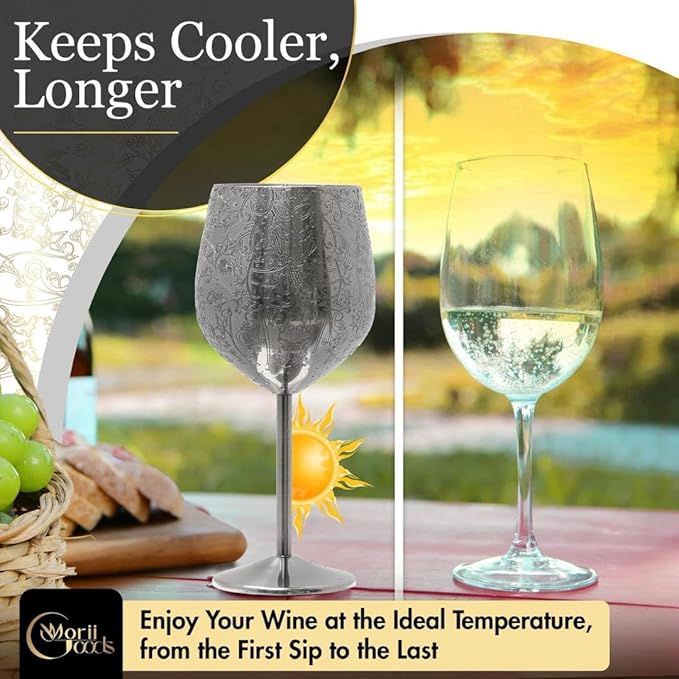 Stainless Steel Wine Glasses - Set of 2 Etched 16 oz Metal Goblets, Unbreakable Black Cups for Camping, Travel, Outdoor Events, Picnics, Luxury Wine Gifts for Women and Men (Gray)