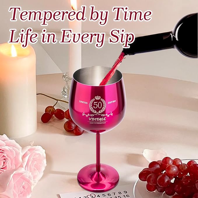 50th Birthday Gifts Wine Glass for Her Women, Stainless Steel Metal Unbreakable Decoration Glasses Rose Red Cup 17oz with Vintage Print-Unique 50 Year Old Present for Mom Wife Sister Friend