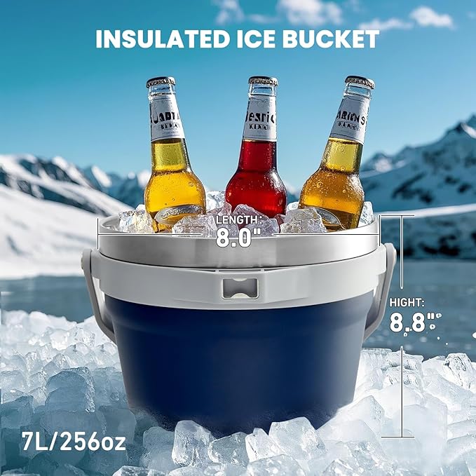 COKTIK 7L Vacuum Insulated Ice Bucket with Lid and Scoop& Tongs，Large capacity Stainless Steel Beverage Bucket for Cocktail, Champagne, Wine, Beer，Large Parties（Dark Blue Suit）