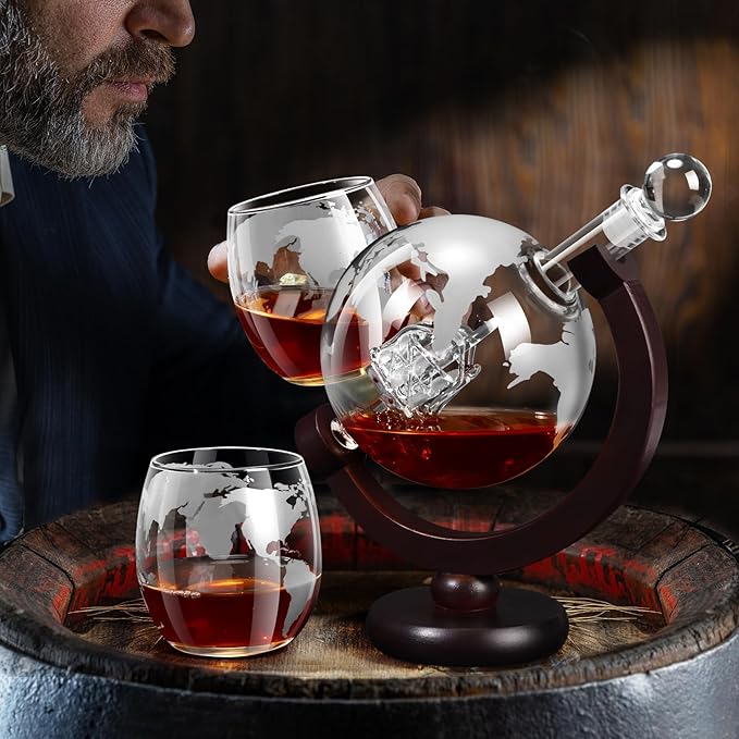 Whiskey Decanter Sets for Men, Whiskey Decanter Globe Set, Gifts for Men Dad Valentines Day with 2 Etched Globe Whisky Glasses for Liquor, Bourbon, Cocktails, Scotch liquor decanter Sets - 850ml