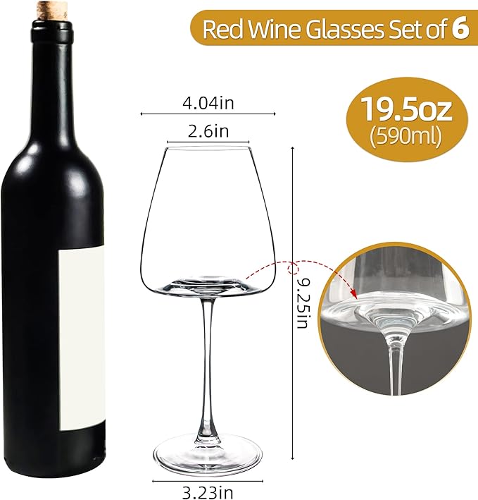 Red Wine Glasses Set of 6, 19.5 oz Durable Wine Glasses, Large Long Stem Wine Glasses with Unique Concave Bowl Base for Wine Tasting, Holiday and Home - Clear Glass