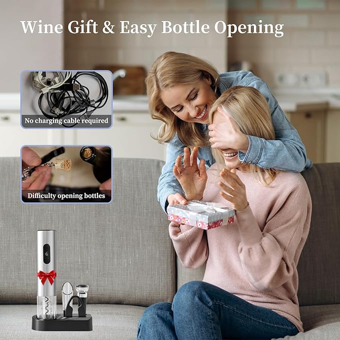 Battery Operated Wine Opener Set by ELMWAY, Stainless Steel Electric Corkscrew with Storage Base, Foil Cutter, Wine Aerator Pourer, Vacuum Stopper, LED Indicator (4 x AA Not Included)