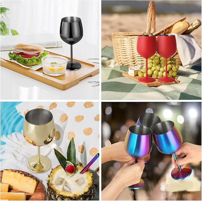 Lifecapido Stainless Steel Wine Glasses Set of 6, 18oz Stainless Steel Metal Wine Glasses, Black Wine Glasses with Cup Brush for Party Office Wedding Anniversary, Great for Red White Wine, Black