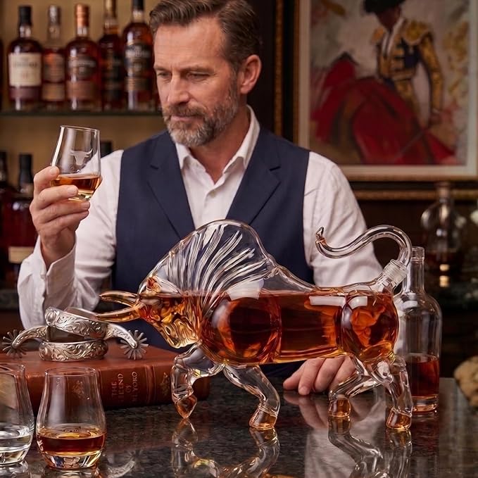Charging Bull Decanter El Matador Wall Street Bull Charging Head Forward Animal Bullfighter Liquor Decanter for Bourbon Whiskey Scotch Zodiac Shape Clear 1000ml Dispenser Unique Bar Gift, Men Office