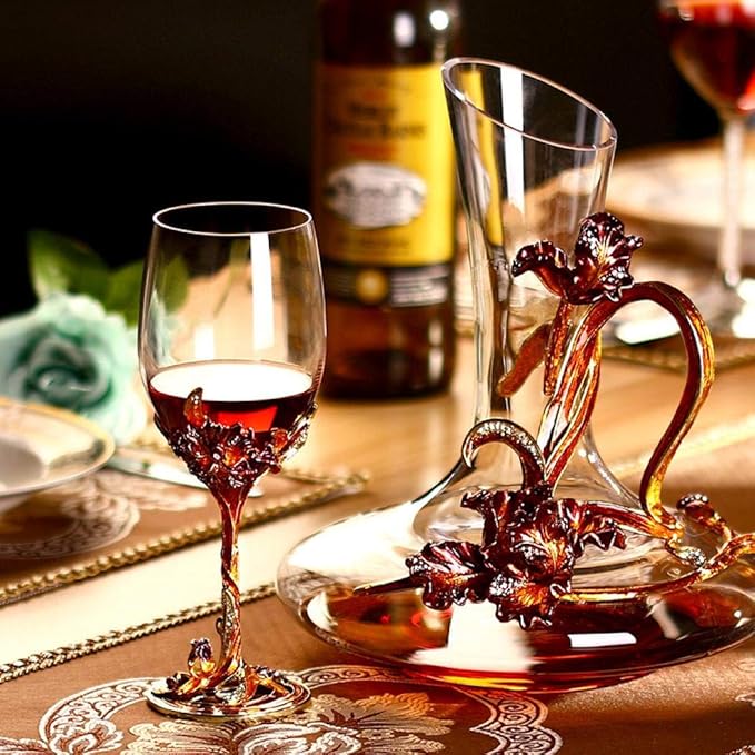 Comeon Wine Glasses Crystal Red Wine Glasses Elegant Champagne Glasses Enamels Floral Decorative Goblets(Golden /2 set(gift box))