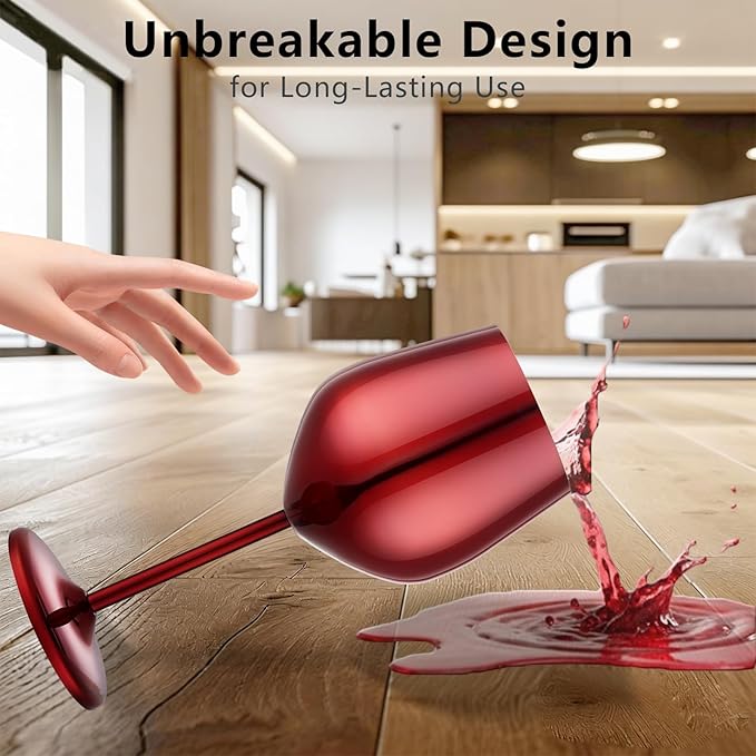 Stainless Steel Wine Glasses Set of 4 Unbreakable Wine Glass 18 oz Unique Metal Wine Goblets for Outdoor, Travel, Camping, Pool, Ideal Gift for Wine Lovers (Mirror-Red)