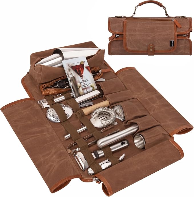 Travel Bartender Kit Bag with 22-Pc Cocktail Shaker Set, Waxed Canvas Protable Carrying Bartender Bag with Stainless Steel Bar Tool Set, Roll-Up Bartenders Kits for Professional Bartenders