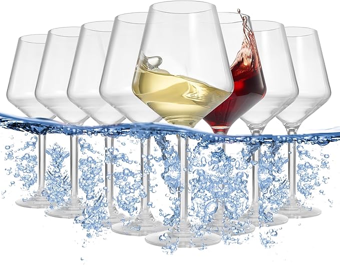Unbreakable European Style Plastic Crystal, Stemmed Wine Glasses | Set of 8 | Acrylic Tritan Drinkware, Unbreakable Clear Color Shatterproof BPA-free, Reusable, Floating Pool & Indoor & Outdoor, 18oz