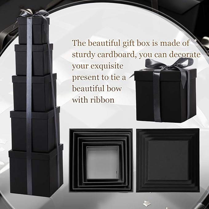 Cholemy 5 Pcs Square Nesting Boxes Decorative Gift Boxes with Lid and Ribbon Assorted Sizes Wrap for Wedding, Carnival, Anniversary, Birthday, Bridal Shower Party Gifts(Black)