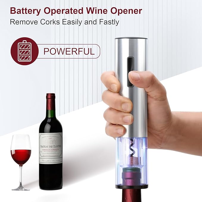 Electric Wine Opener Set, Rechargeable Cordless Automatic Wine Bottle Corkscrew Opener with Aerator, Pourer, Vacuum Sealer and Storage Base, Battery Operated Wine Stopper Remover