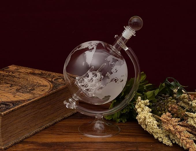Whiskey Decanter Set 35 oz - Men's Whiskey, Wine and Bourbon Shaker with 2 Diamond Alcohol Glasses - Etched Globe Glass Decanter with Ship - Dads Gifts for Holiday (Glass Ship)