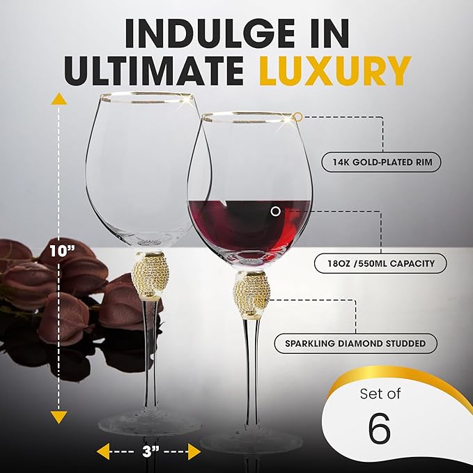 Premium Wine Glasses Set of 6 - Crystal Long Stem Wine Glass with Gold Rim & Rhinestone Design - 18 oz