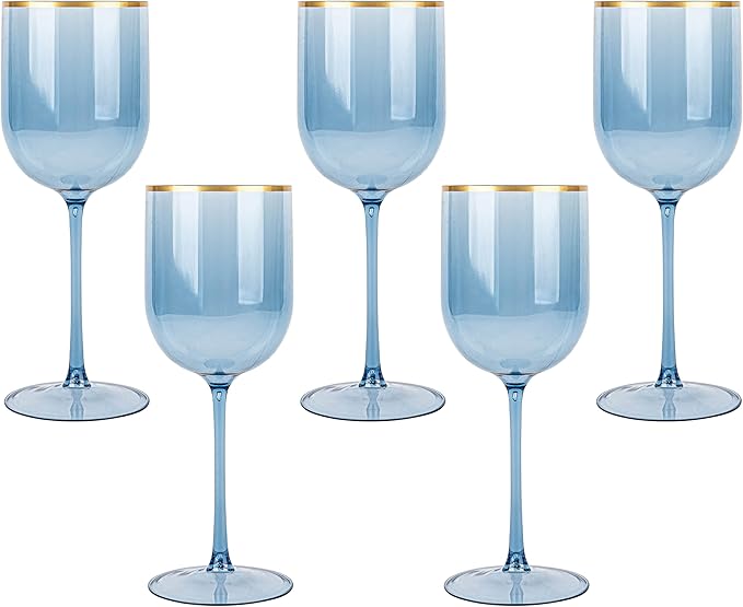 PLASTICPRO Blue Wine Cup with Gold rim Plastic Wine Glasses Set of 5 Elegant Wine Goblets Hard Plastic Wine Cups on Stem 12 Ounce