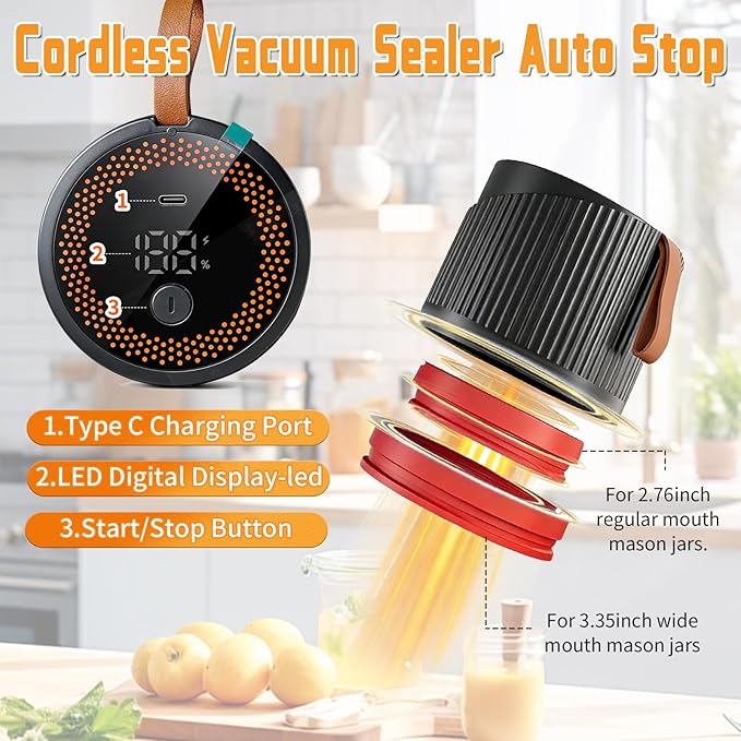 4 IN 1 Mason Jar Vacuum Sealer Kit,Electric Mason Jar Vacuum Sealer,Wide Mouth and Regular Lid, Lid Opener,Wine Stopper Included,for Canning Sealing Preserving Jars,Pickling,Jams Food Storage