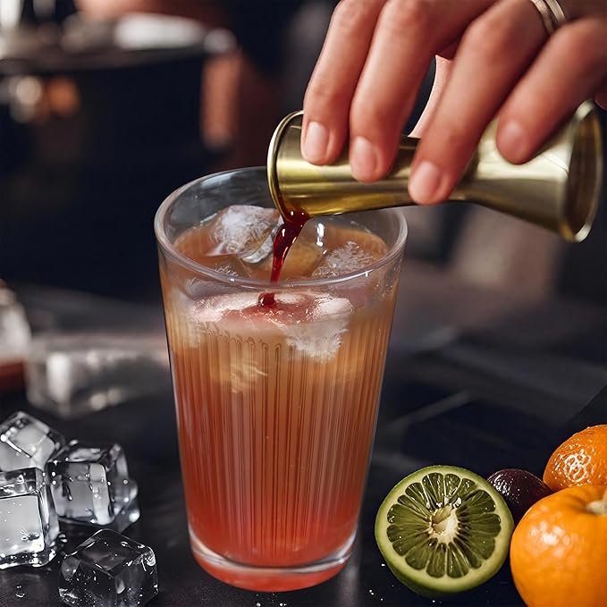 Glass Cocktail Shaker, 17oz Leak-Proof Martini Shaker with Built-in Strainer, Thick Ribbed Drink Shaker Bar Tool for Home Bartending and Aesthetics, Gold