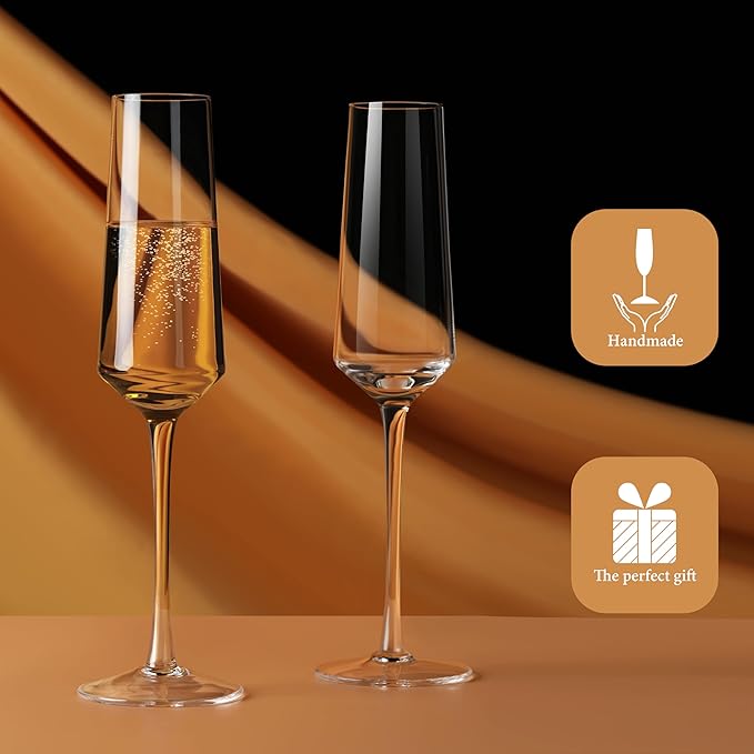 Crystal Champagne Flutes Glass Set of 4, Hand Blown Sparkling Champagne Glasses 7OZ, Premium Clear Mimosa Glasses with Long Stem, Unique Champagne Gift for Wedding, Engagement Gift