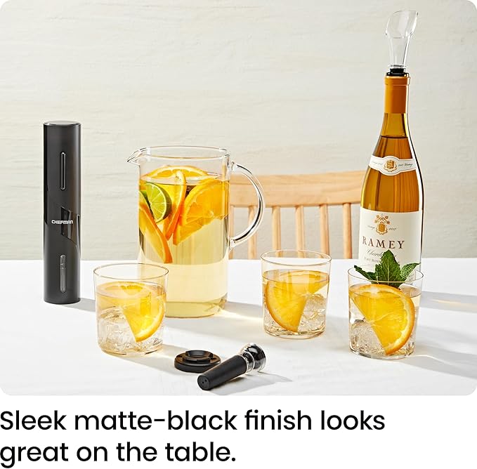 Chefman Electric Wine Opener Makes Opening Bottles Fast, Foolproof, And Fun! Black, Battery-Operated 4-Piece Corkscrew Set Comes With A Foil Cutter, Pourer, And Vacuum Stopper