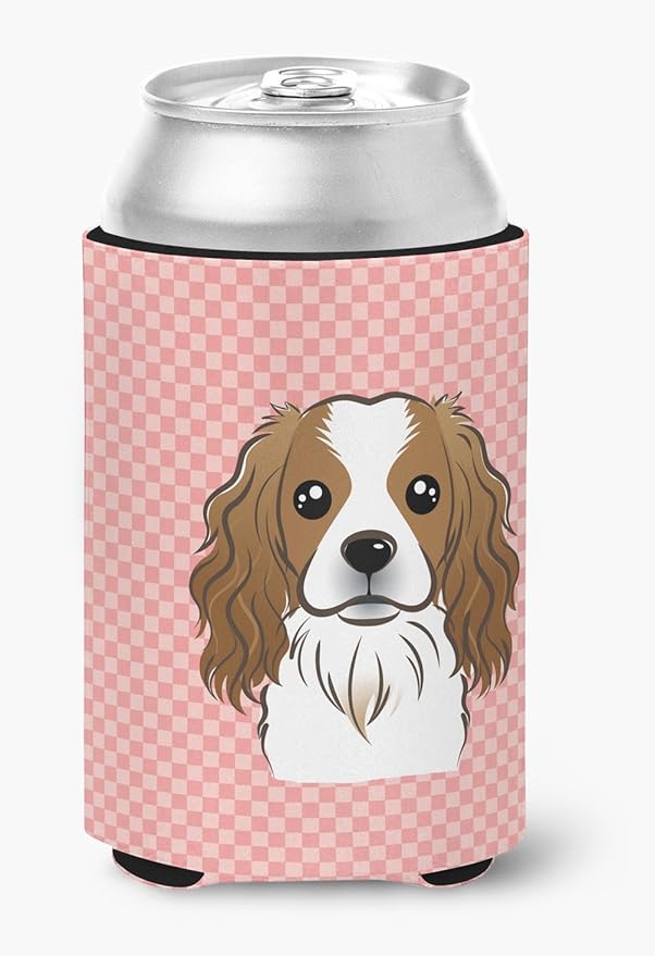 Caroline's Treasures BB1224CC Checkerboard Pink Cavalier Spaniel Can or Bottle Hugger Cooler Washable Drink Sleeve Collapsible Beverage Insulated Holder, Can Hugger, Multicolor