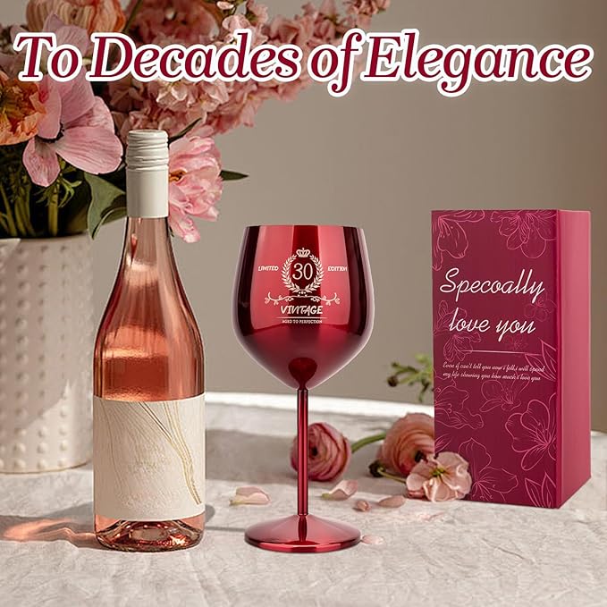 30th Birthday Gifts Wine Glass for Her Women, Stainless Steel Metal Unbreakable Decoration Glasses Red Cup 17oz with Vintage Print-Unique 30 Year Old Present for Mom Wife Sister Friend