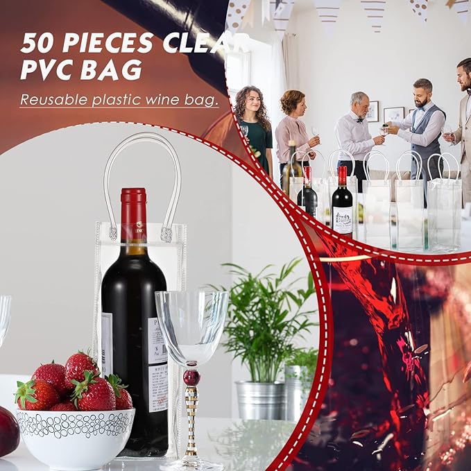 50 Pieces Ice Wine Bag Portable Wine Cooler Bag Drink Bags Clear Wine Pouch Cooler Collapsible PVC Wine Pouch Bags with Handle for Champagne Cold Beer Chilled Beverages Iced Drinks Party Outdoor