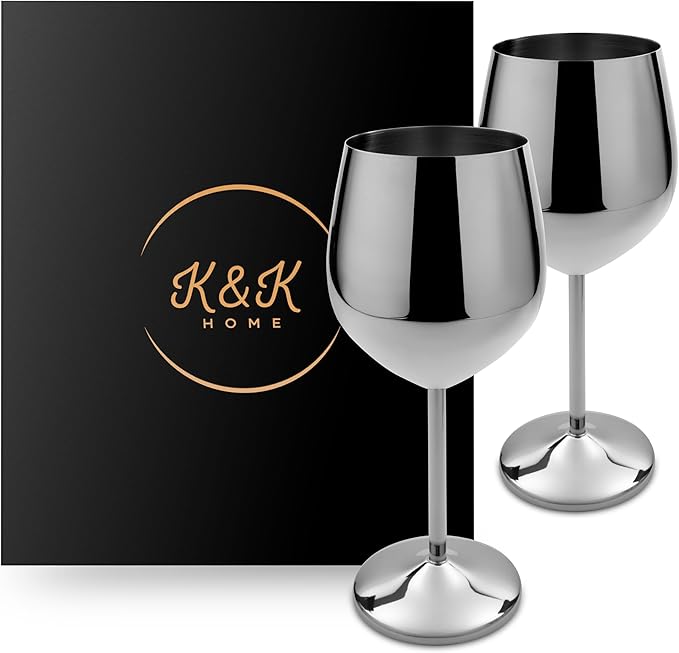 K&K Home Silver Stainless Steel Unbreakable Wine Glasses - 18 oz - Set of 2 Colored, Stemmed Metal Wine Glasses Perfect for Outdoors, Weddings, and Parties (Silver, Set of 2)