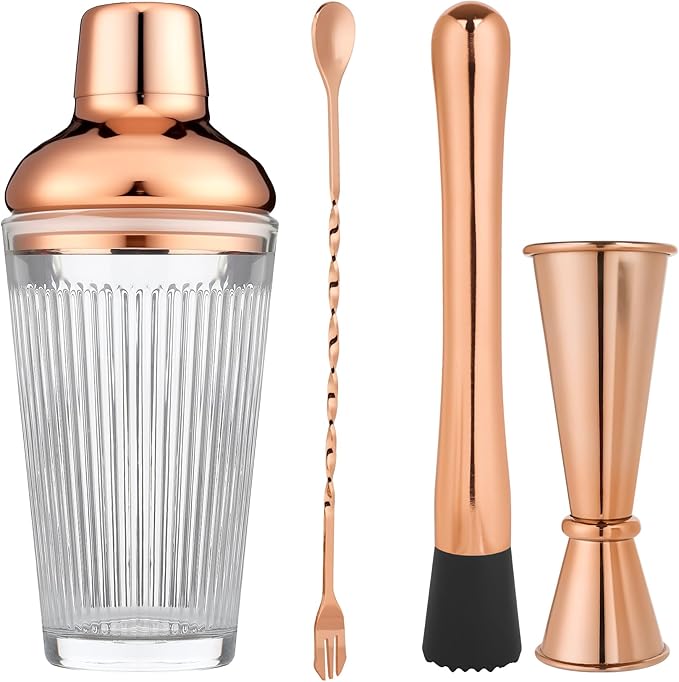 Cocktail Shaker Set - Bartender Shaker Kit with Mixing Tools & Stainless Steel Strainer, Premium Bar Tool Set for Crafting Martinis & Whiskey Cocktails (Rosegold)