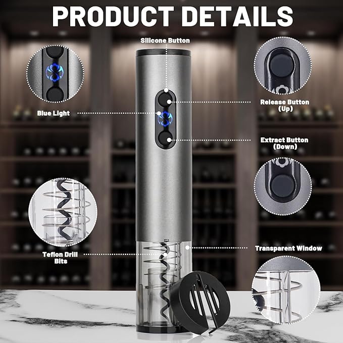 Electric Wine Opener Set for Red Wine, Rechargeable Automatic Wine Corkscrew Bottle Opener with Foil Cutter, Vacuum Stopper, Wine Pour for Wedding Party Home Gifts