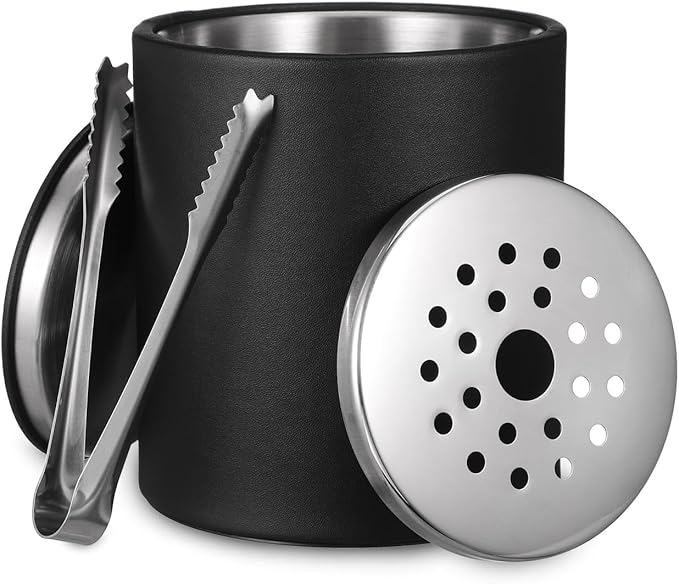 NUOBESTY Stainless Steel Ice Bucket with Lid and Tongs, Black Wine Chiller and Bubbly Cooler Beverage Serving Bucket for Bar Party, Cocktail Station, Home Entertaining (7.28 x 5.51 in)