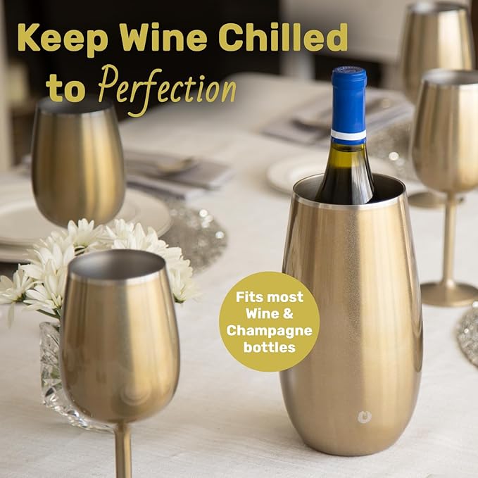 SNOWFOX Premium Vacuum Insulated, Triple Walled, Stainless Steel Wine Chiller w/Optimal fit to keep wine cold longer. Fits most Wine and Champagne Bottles. Non-Slip Silicon Base, Teak