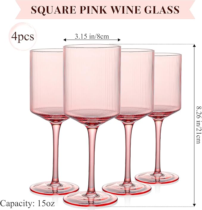Square Pink Wine Glasses Set of 4 – 15oz Red or White Glasses on Long Stem, Hand Blown Ribbed Design Wine Glasses, Unique Vintage Style Drinking Glasses - For Mothers Day, Wedding, Anniversary